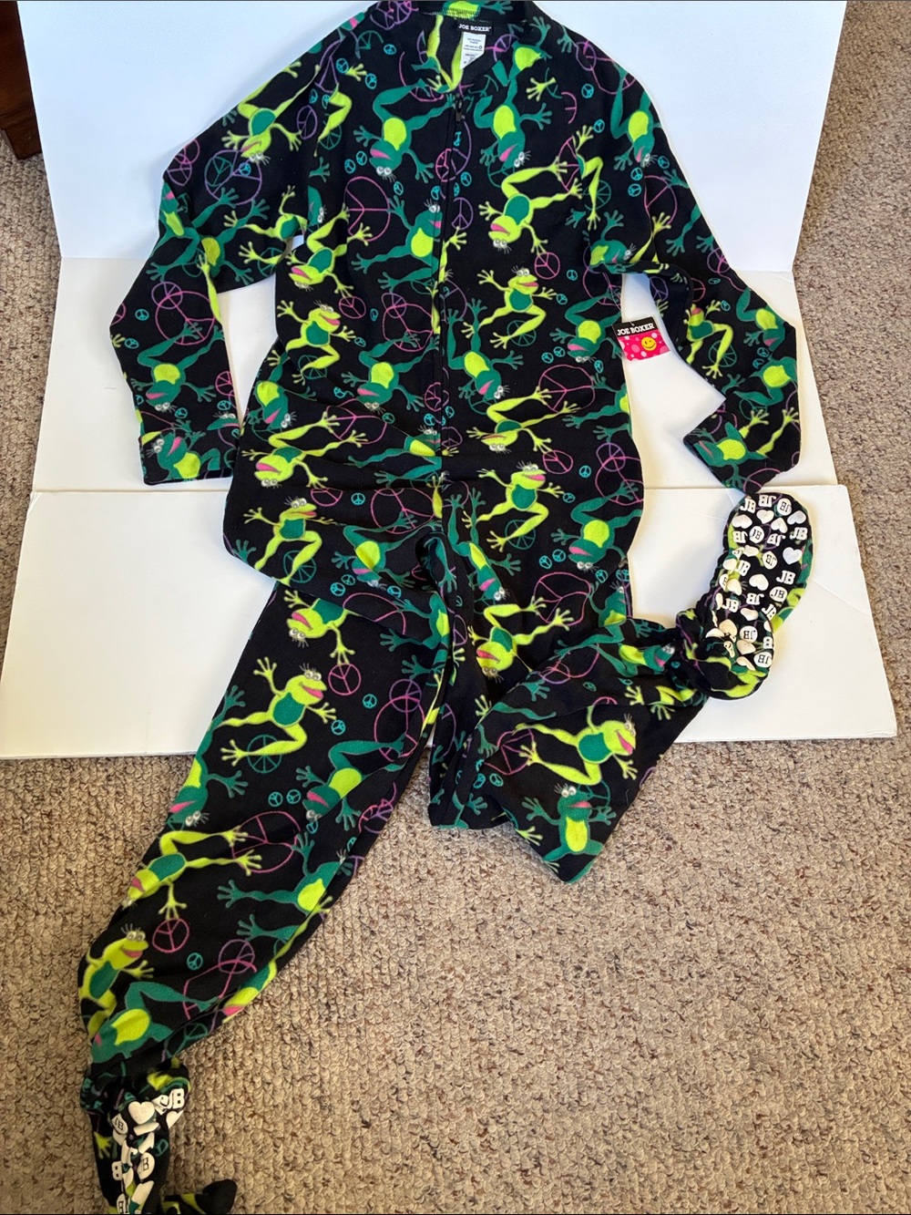 Joe Boxer Black Fleece Onesie with Neon Green Frogs and Purple Accents Sz S